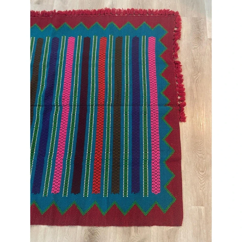 Vintage Mayan Blanket Rug Guatemalan‎ Mexican Wool Frazada Striped Fringe